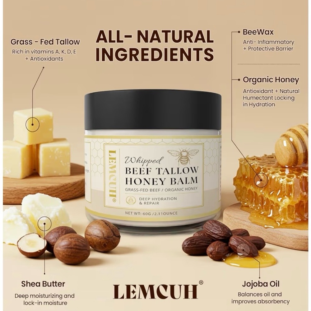1. Whipped Beef Tallow Honey Balm - Cream Moisturizing